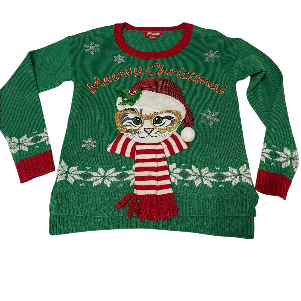 Meowy Christmas Cat‎ Ugly Christmas green and red Sweater small